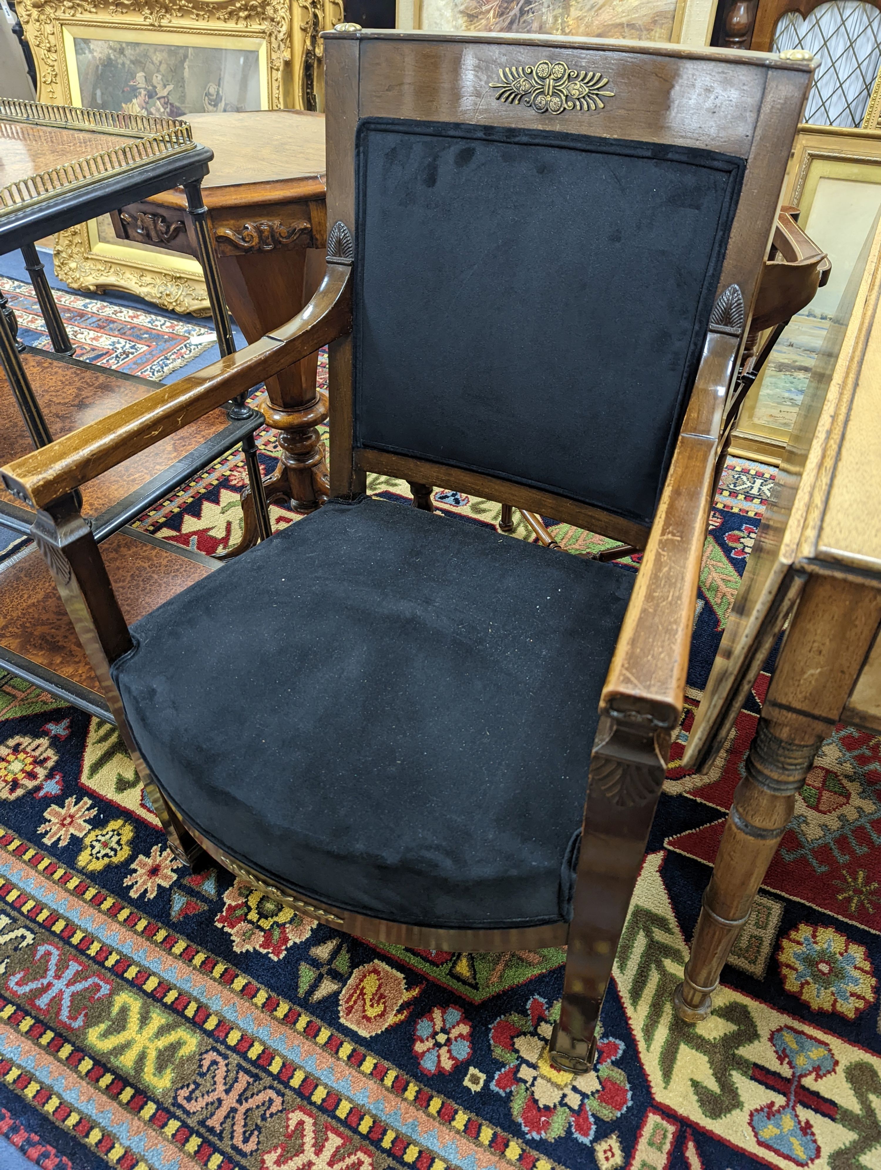 An Empire style gilt metal mounted beech elbow chair together with a late Victorian inlaid corner chair